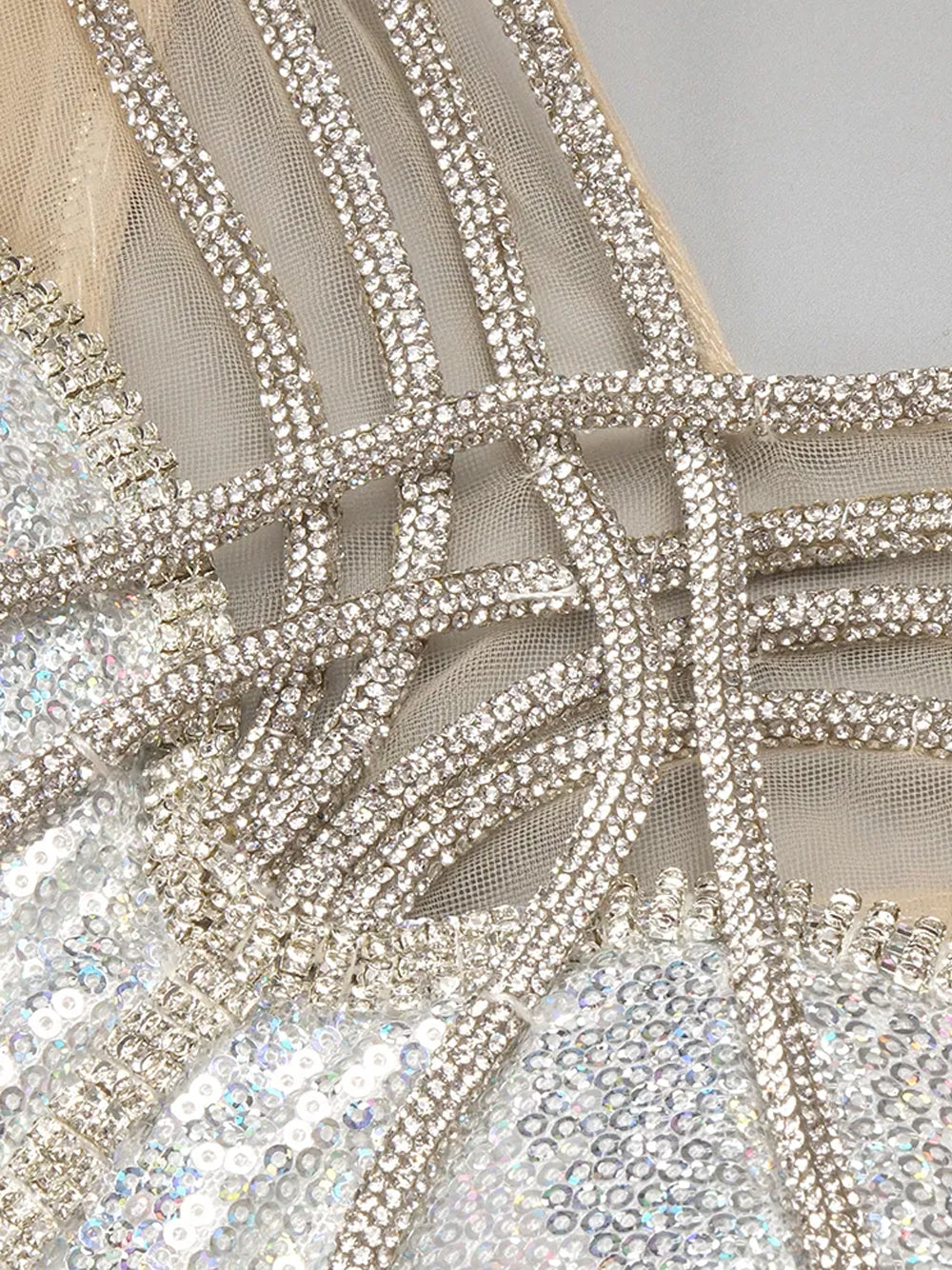 Silver Strappy Rhinestone Fringe Cutout Sequin High Slit Maxi Gown 3