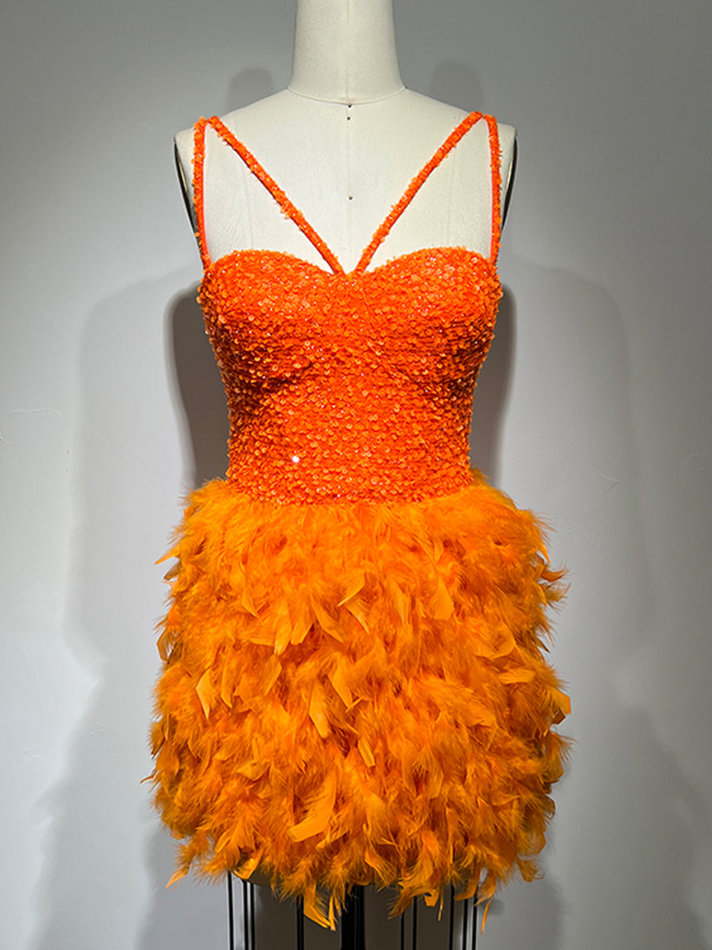 Orange Sweetheart Strappy Sequin Bodice Feather A-Line Mini Dress 6