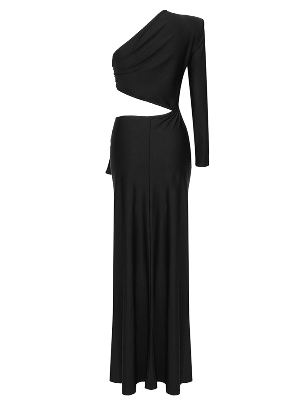Black One Shoulder One Sleeve Cutout High Slit Bodycon Maxi Dress
