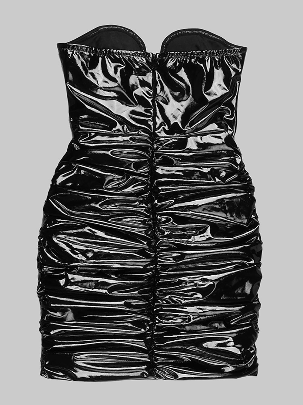 Black Strapless Plunge Patent Leather Ruched Bodycon Mini Dress 4