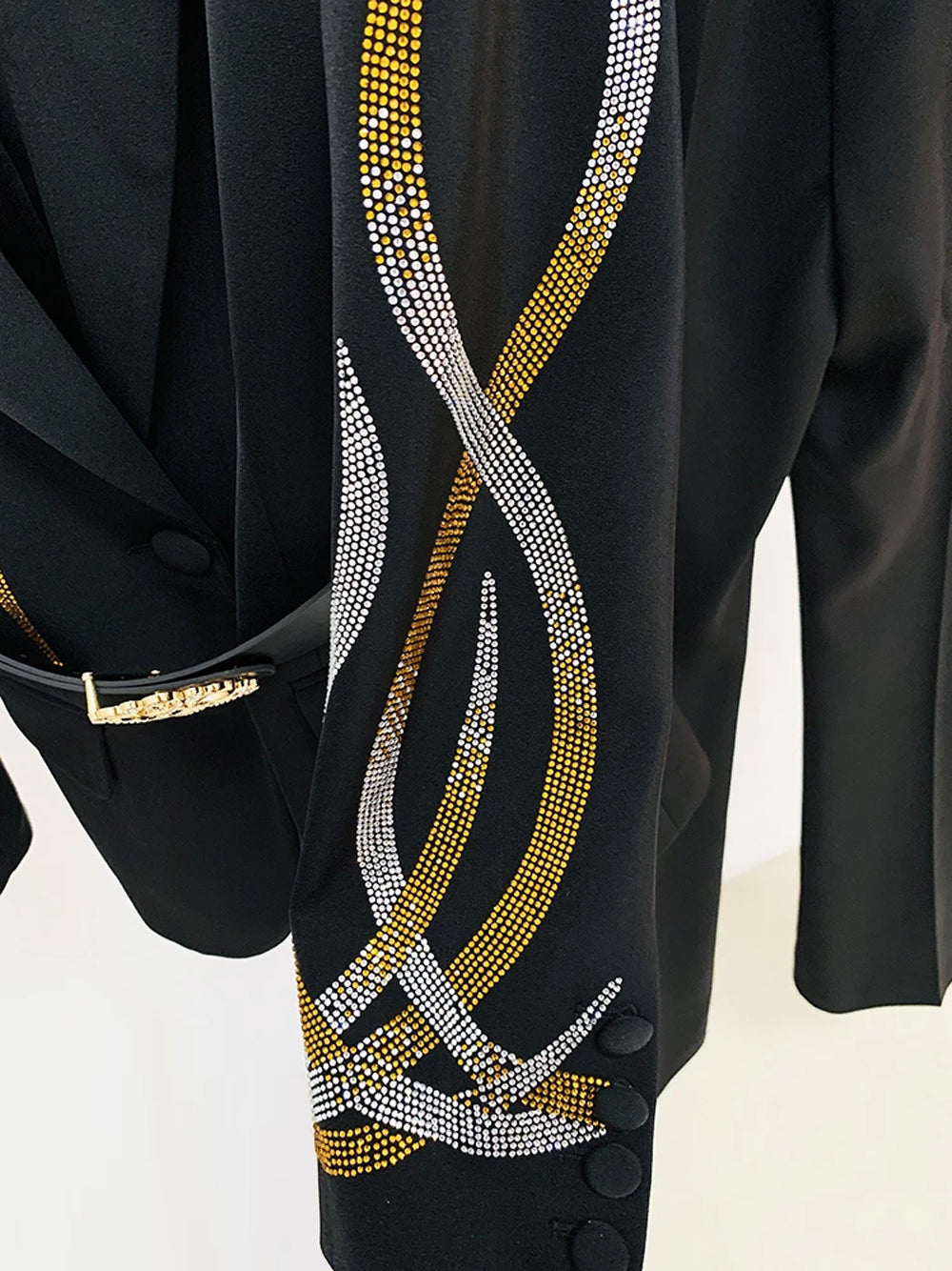 Black Rhinestone Embellished Belted Blazer and Pants Set 12