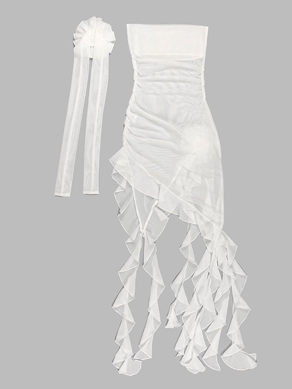 White Strapless Rosette Applique Ruched Ruffle High Slit Maxi Dress 8