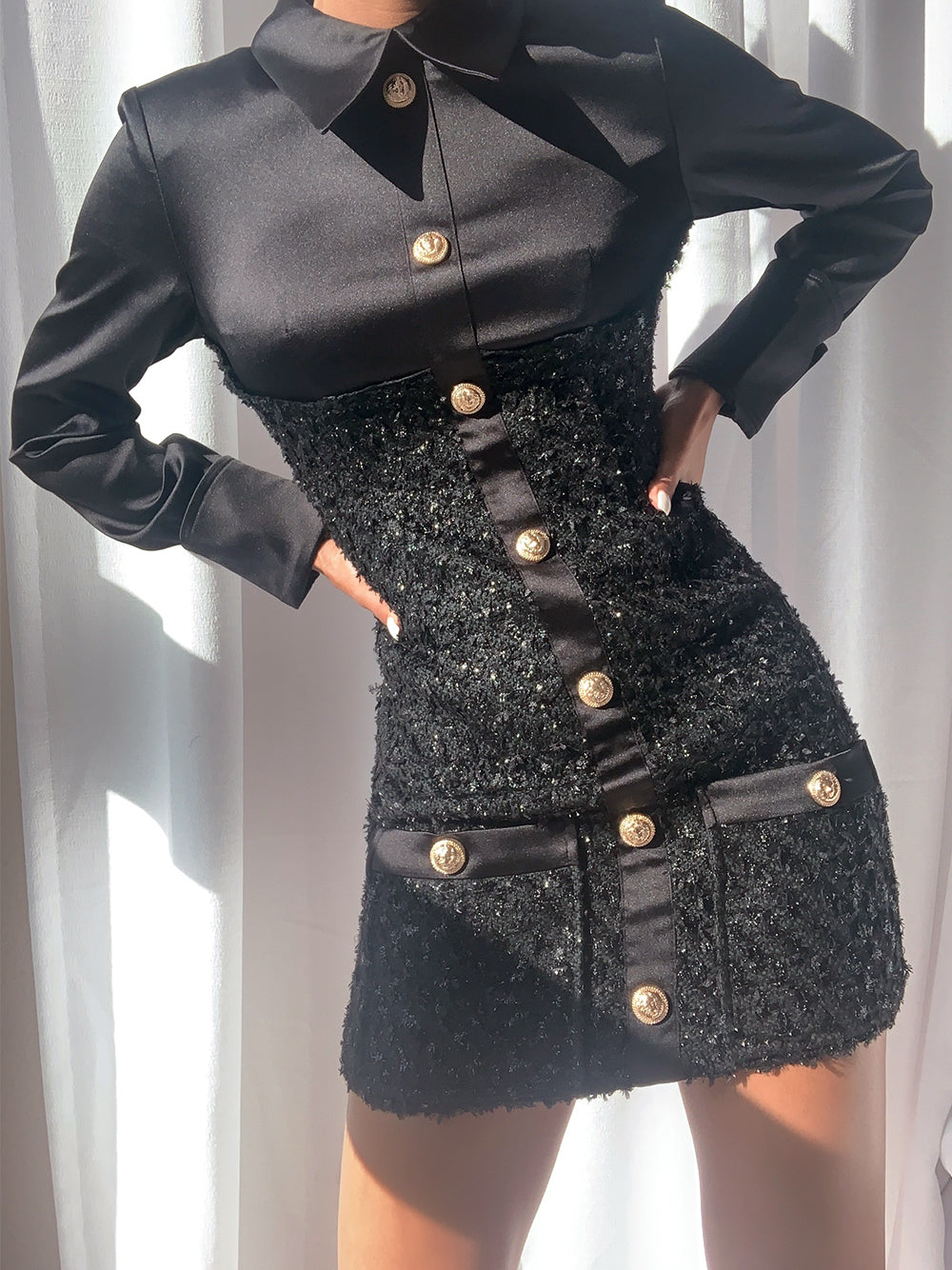 Black Collared Gold Button Tinsel Tweed Long Sleeve Bodycon Mini Dress