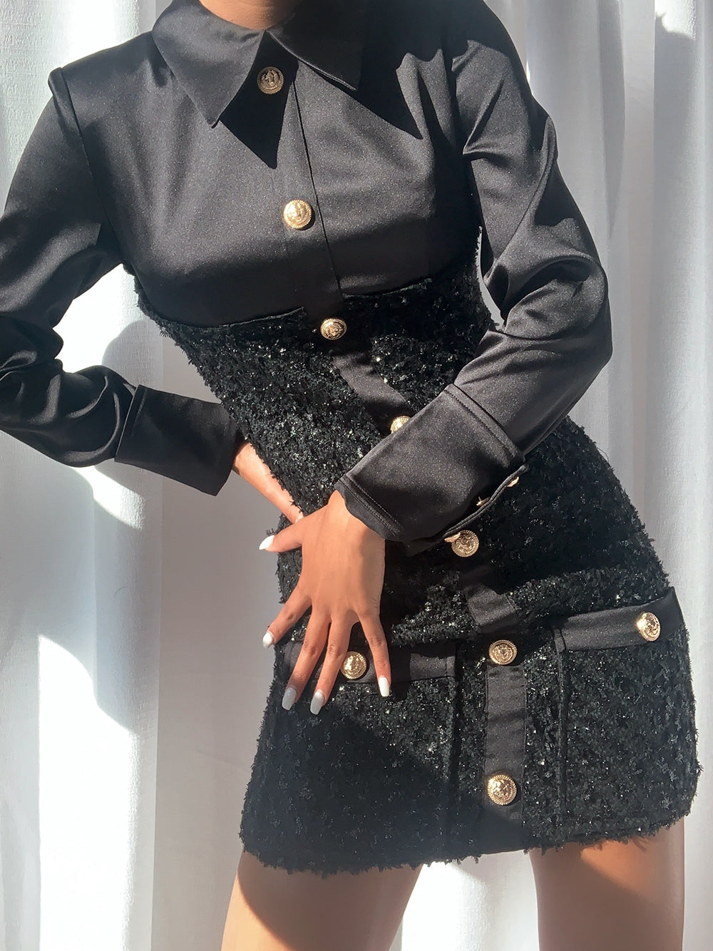 Black Collared Gold Button Tinsel Tweed Long Sleeve Bodycon Mini Dress