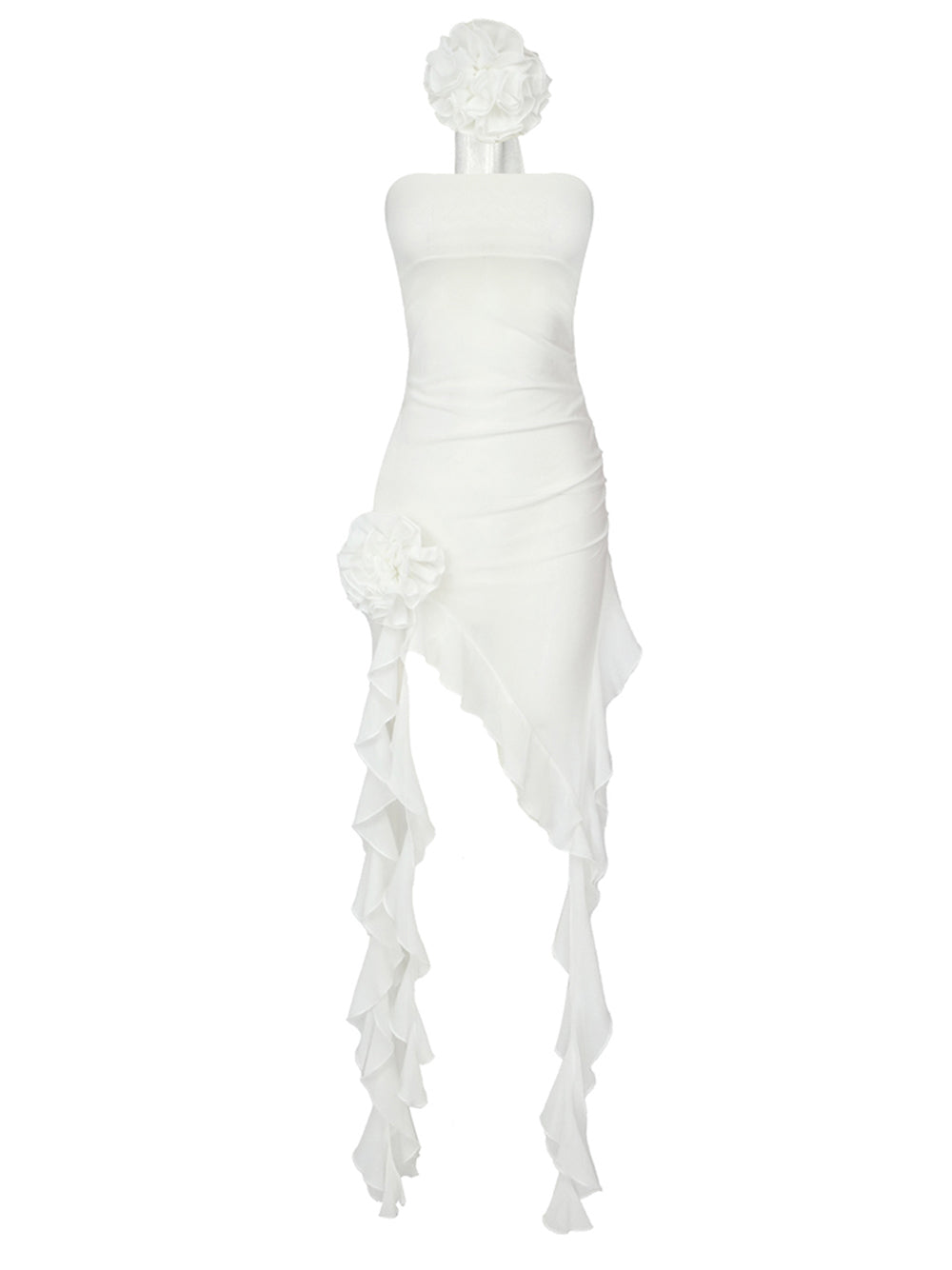 White Strapless Rosette Applique Ruched Ruffle High Slit Maxi Dress 5