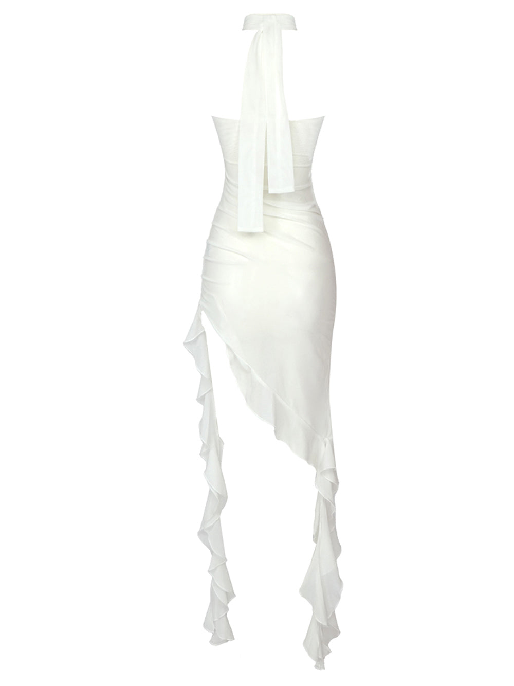 White Strapless Rosette Applique Ruched Ruffle High Slit Maxi Dress 6