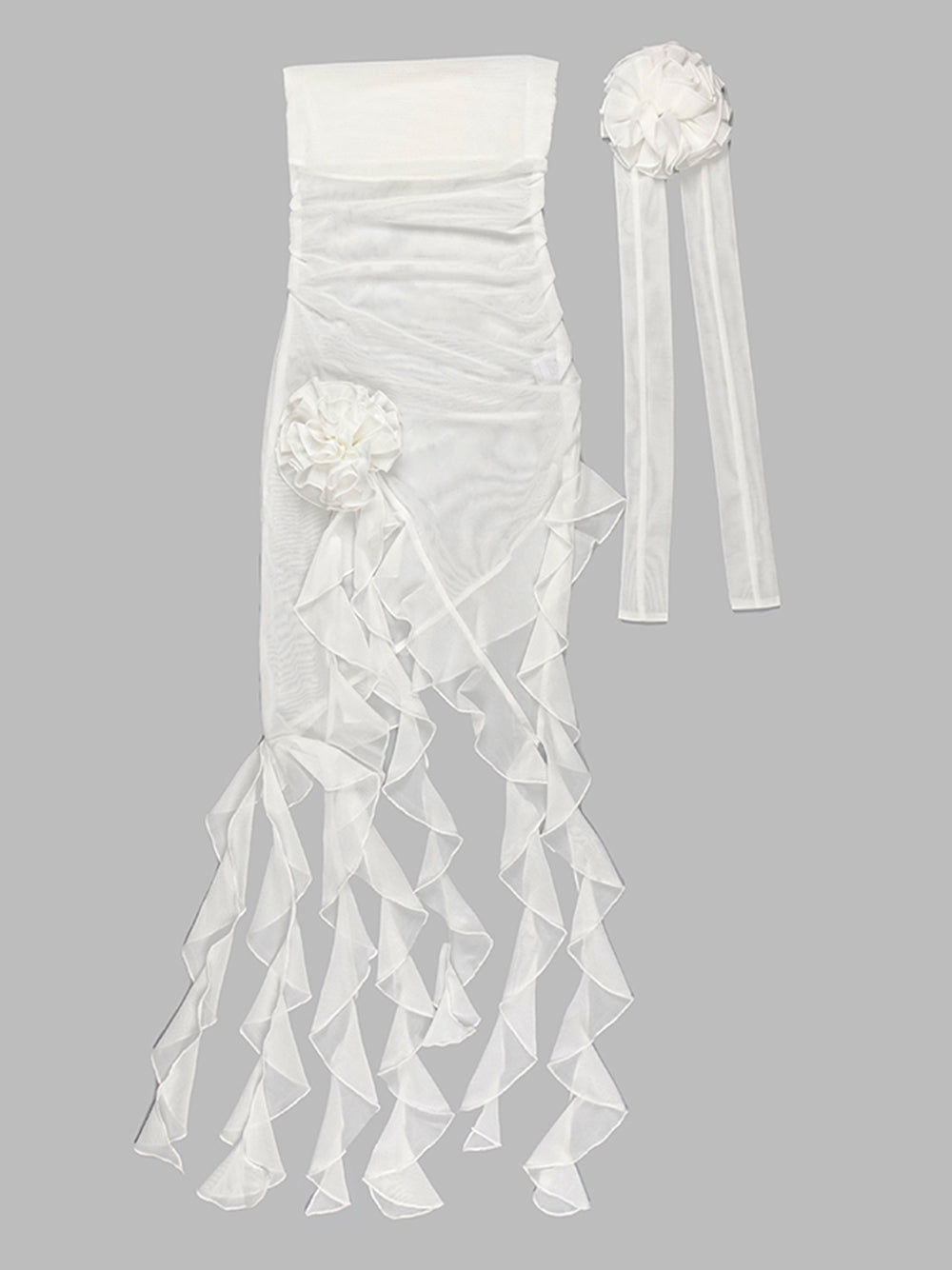 White Strapless Rosette Applique Ruched Ruffle High Slit Maxi Dress 7
