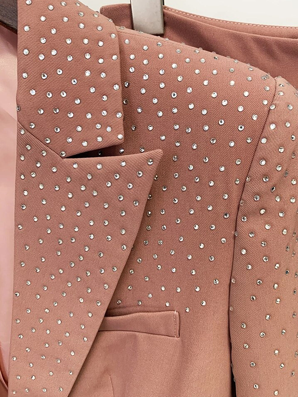 Pink Peak Lapel Rhinestone Embellished Blazer Trouser Set