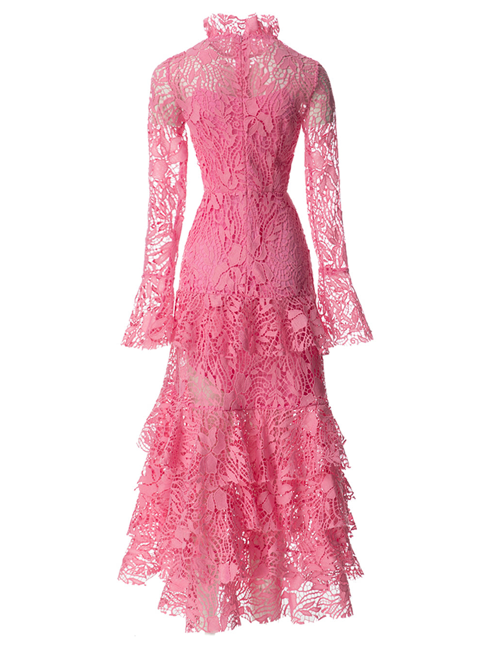 Pink Ruffle High Neck Bell Sleeve Crochet Lace Tiered Mermaid Maxi Dress 2