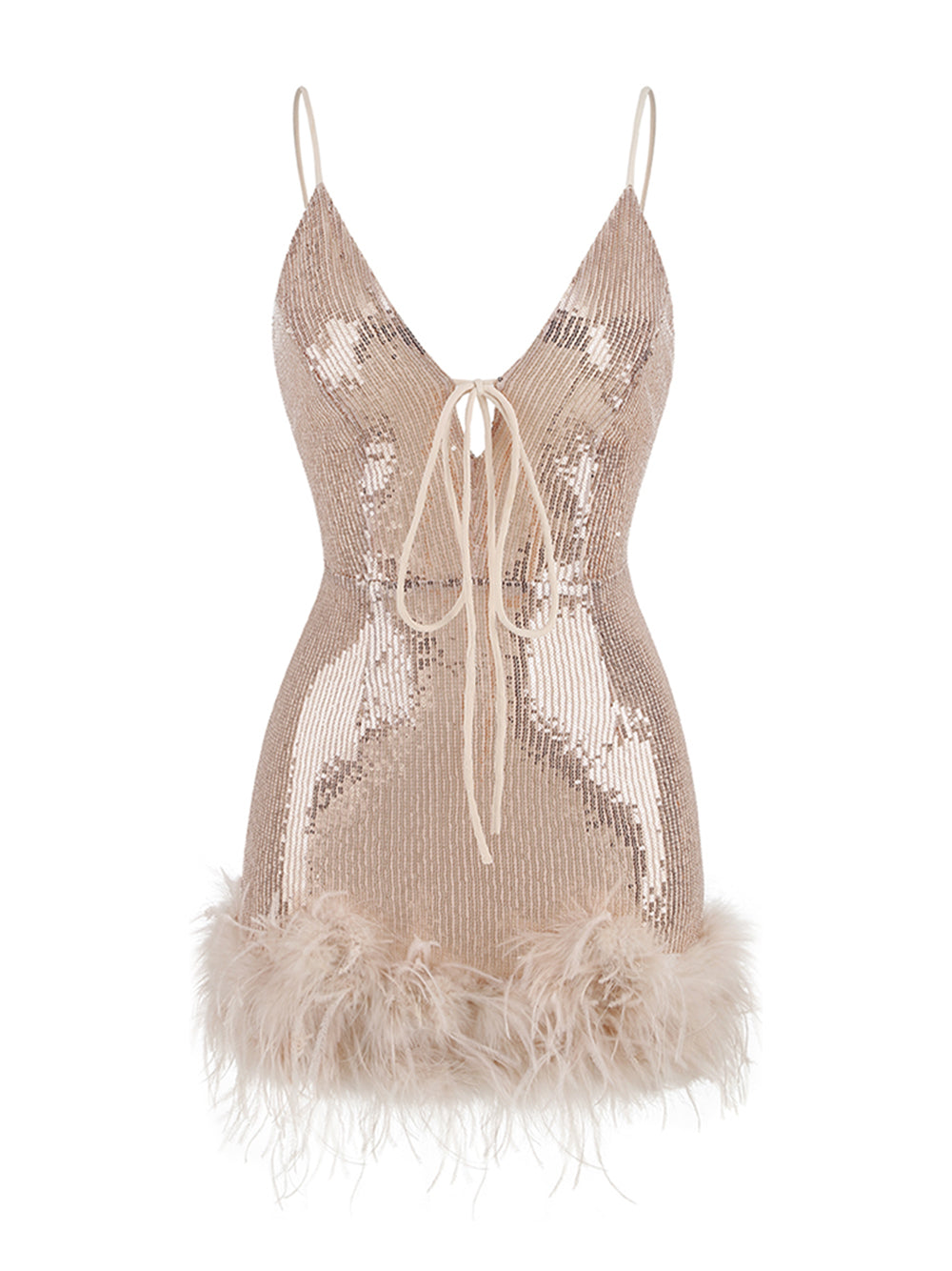 Apricot Spaghetti Strap Sequin Tie Front Feather Trim Bodycon Mini Dress