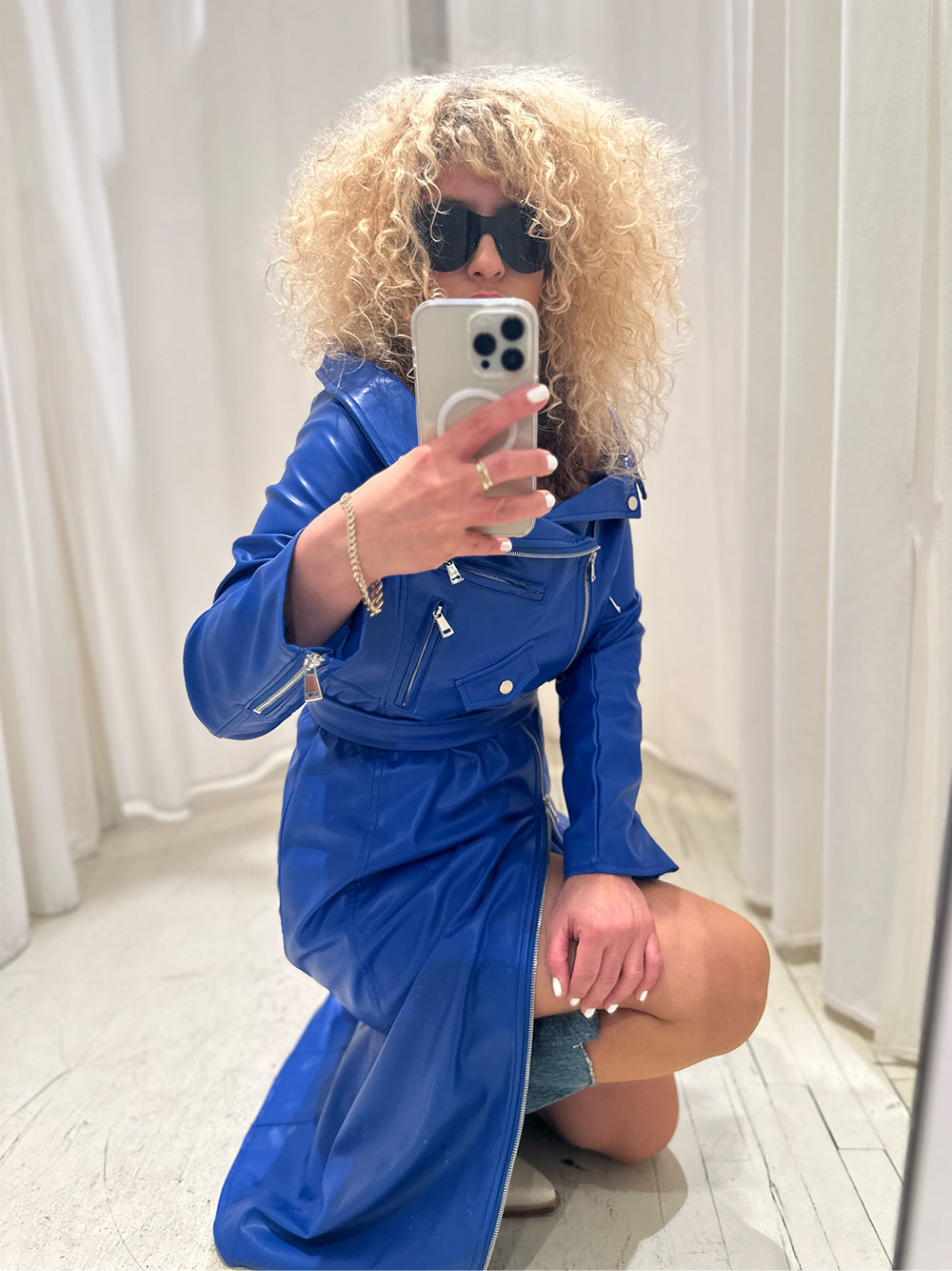 Royal Blue Off-Shoulder Long Sleeve Zip Front Belted Leather Maxi Dress 12