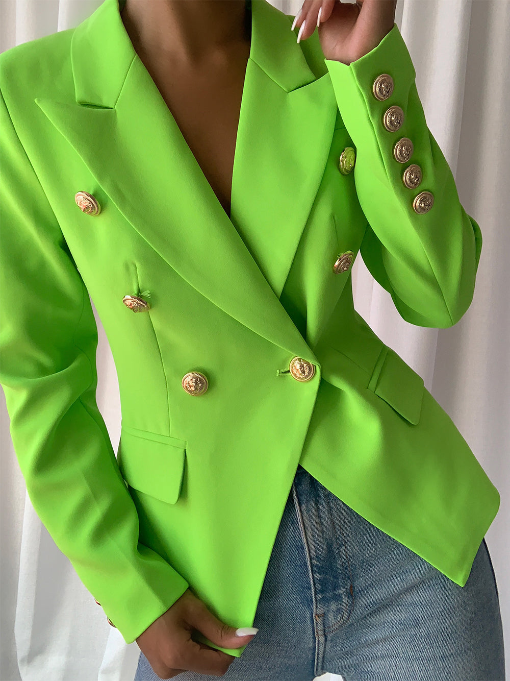 Lime Peak Lapel Gold Button Double Breasted Structured Blazer