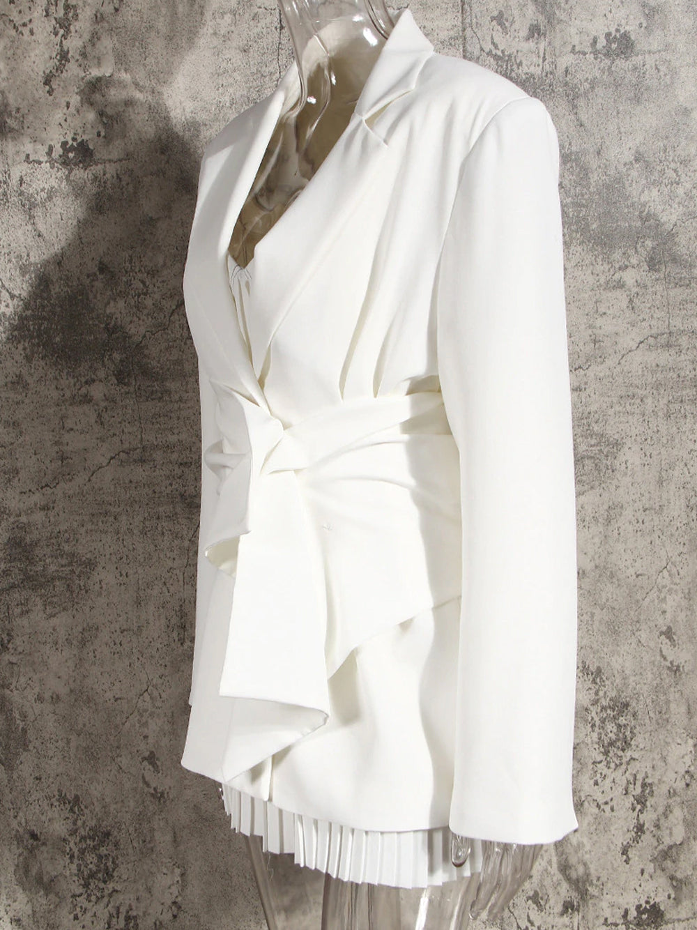 White Notch Lapel Ruched Corset Belt Long Sleeve Blazer 8