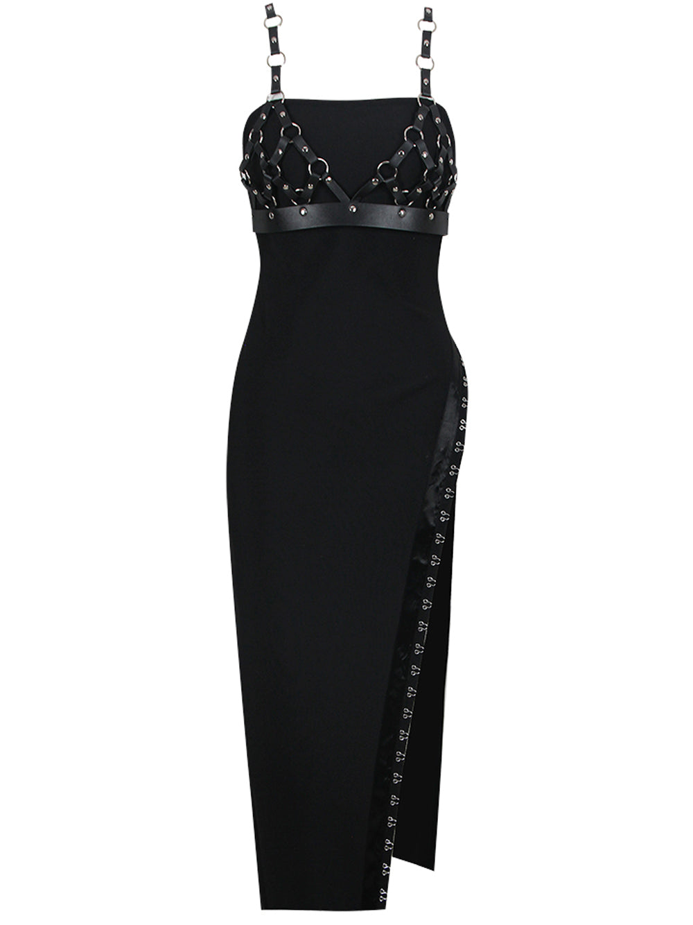 Black Strappy Harness Caged Studded High Slit Bodycon Maxi Dress 10