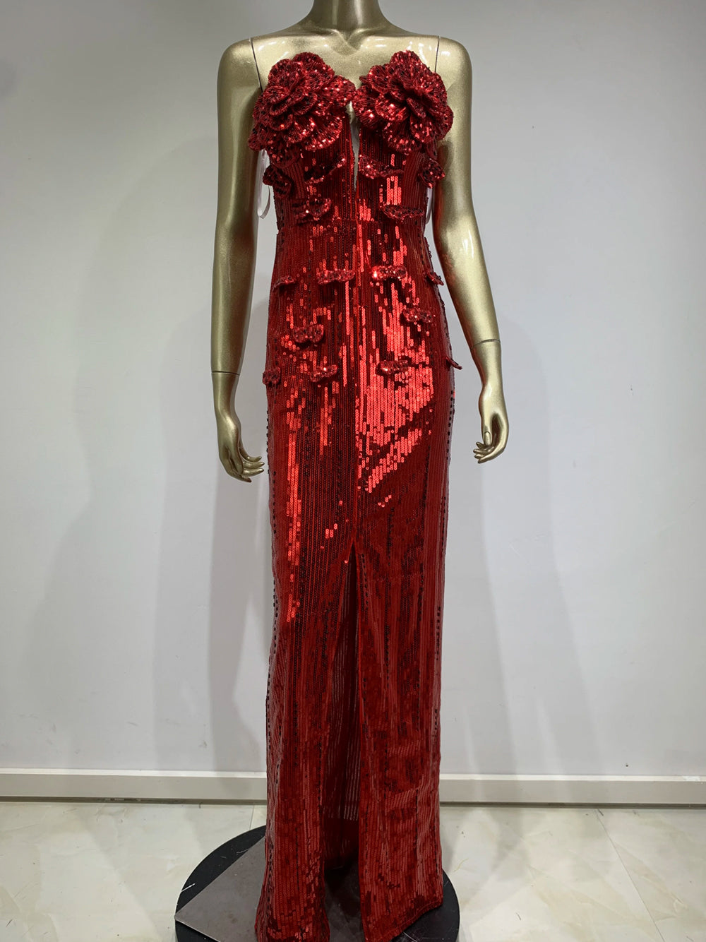 Red Strapless Floral Applique Sequin High Slit Column Gown