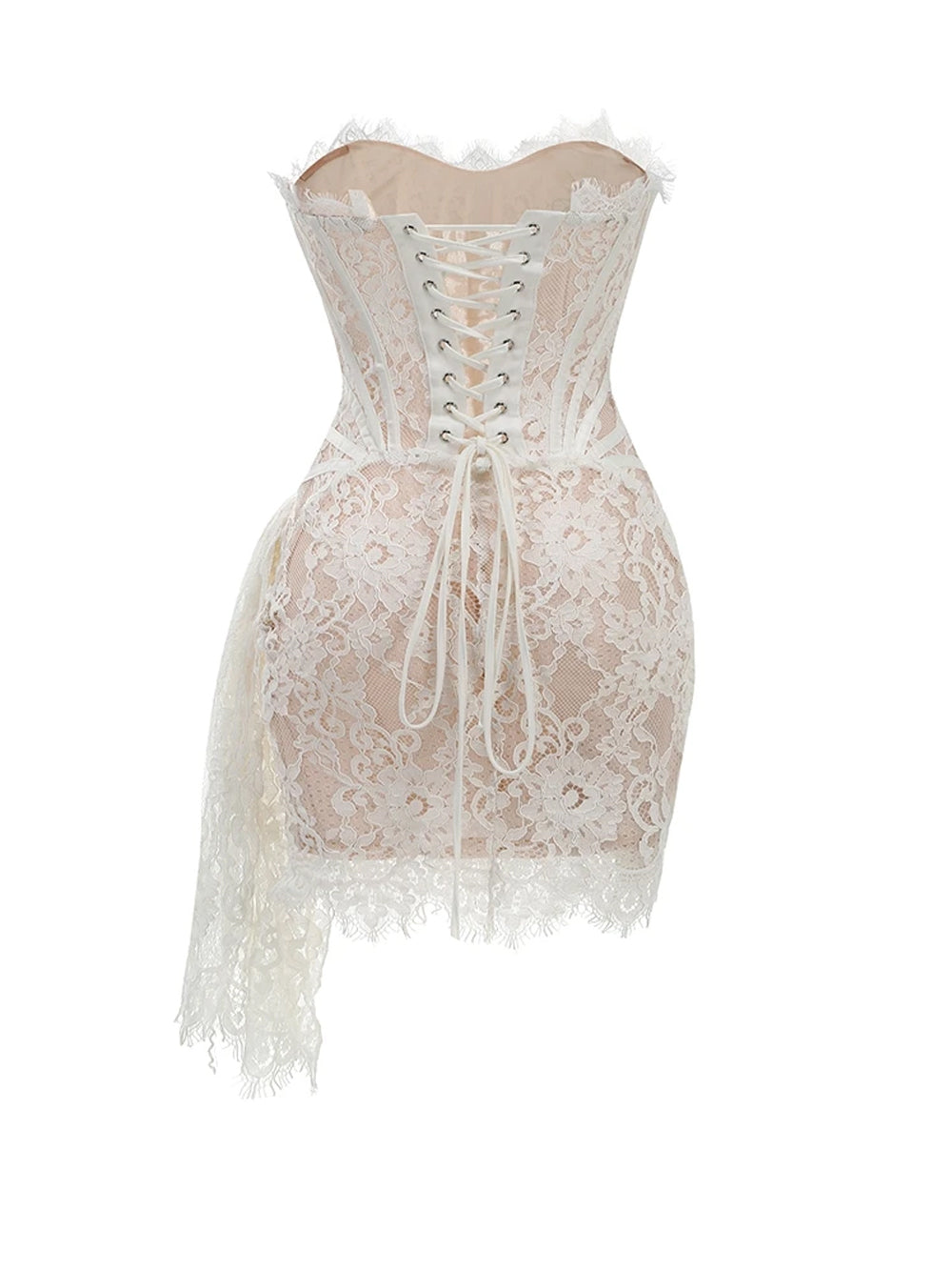 White Strapless Eyelash Lace Corset Ruched Bodycon Mini Dress 6