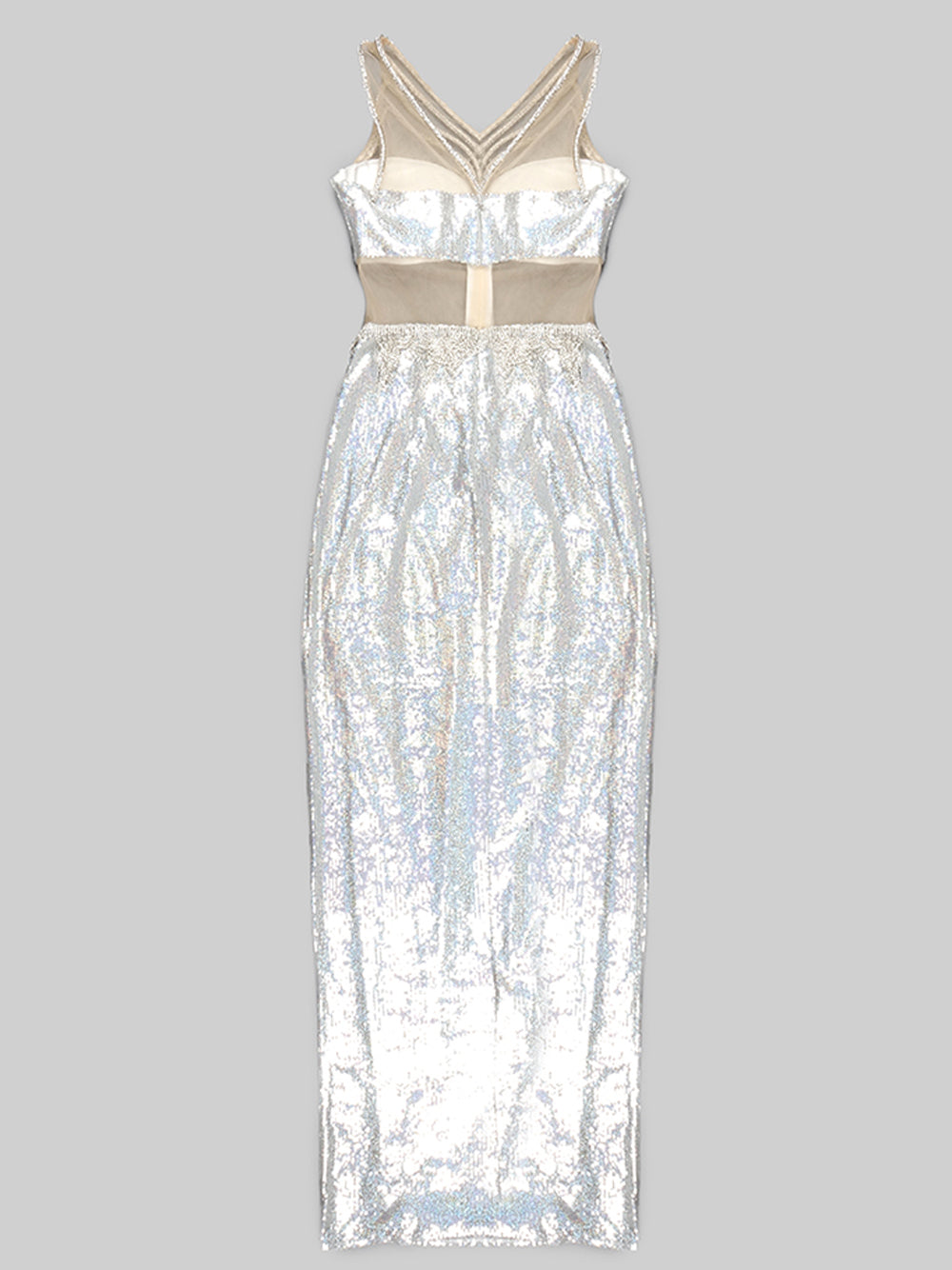 Silver Strappy Rhinestone Fringe Cutout Sequin High Slit Maxi Gown 5