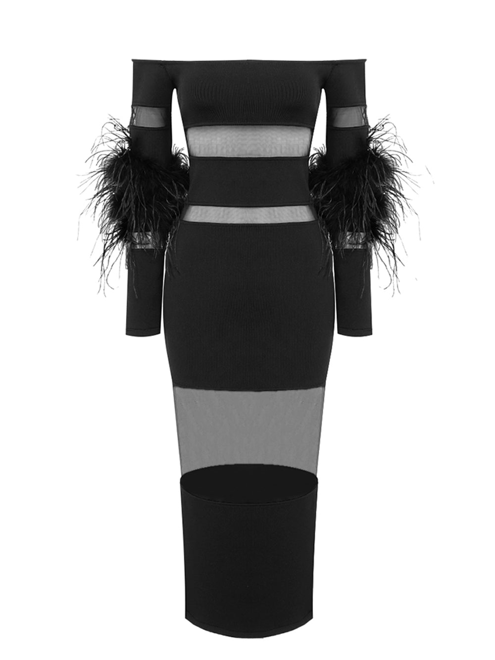 Black Off-Shoulder Feather Cuff Long Sleeve Sheer Mesh Bodycon Midi Dress