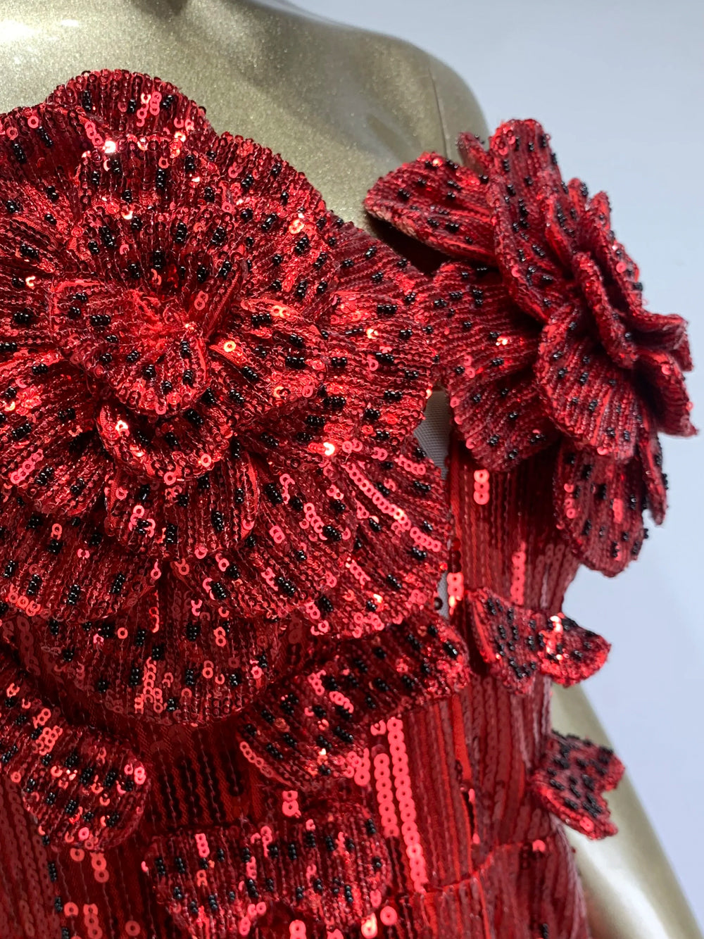 Red Strapless Floral Applique Sequin High Slit Column Gown