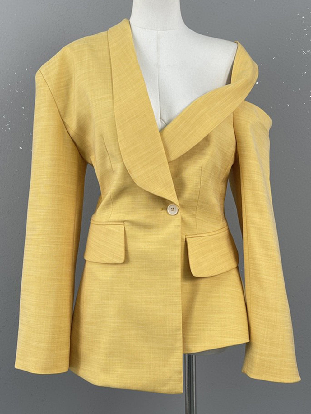 Yellow Asymmetric One-Shoulder Halter Strap Tailored Blazer 4