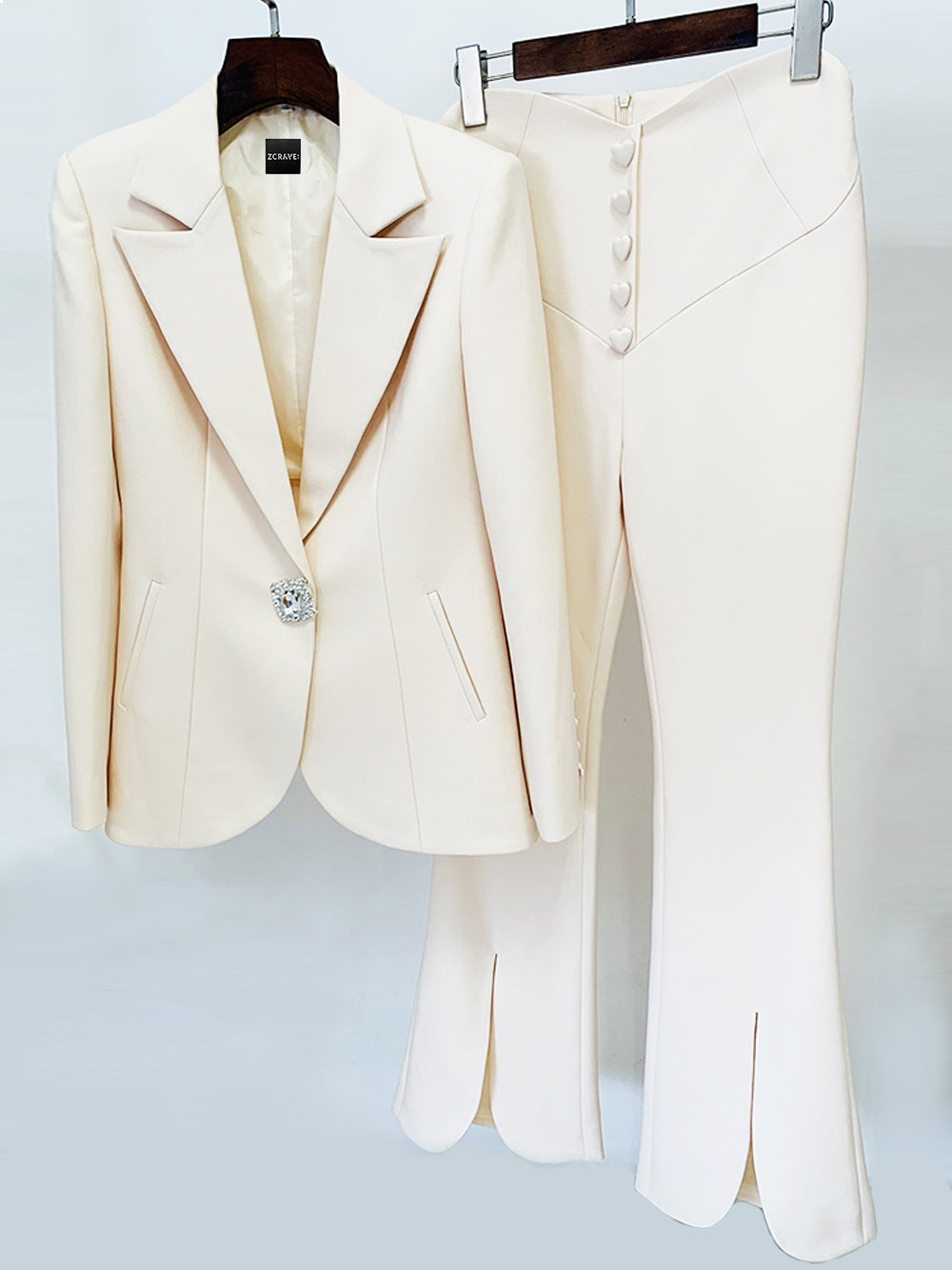 Beige Peak Lapel Crystal Button Blazer And Pants Set 8