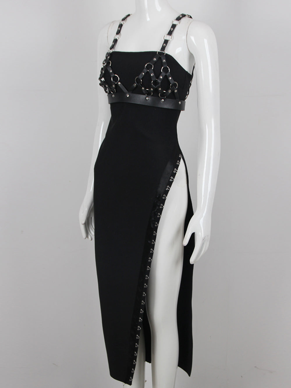 Black Strappy Harness Caged Studded High Slit Bodycon Maxi Dress 21