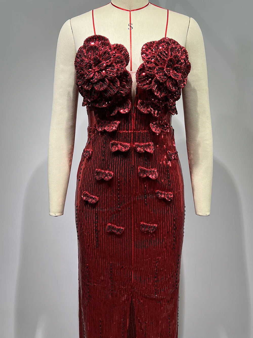 Red Strapless Floral Applique Sequin High Slit Column Gown