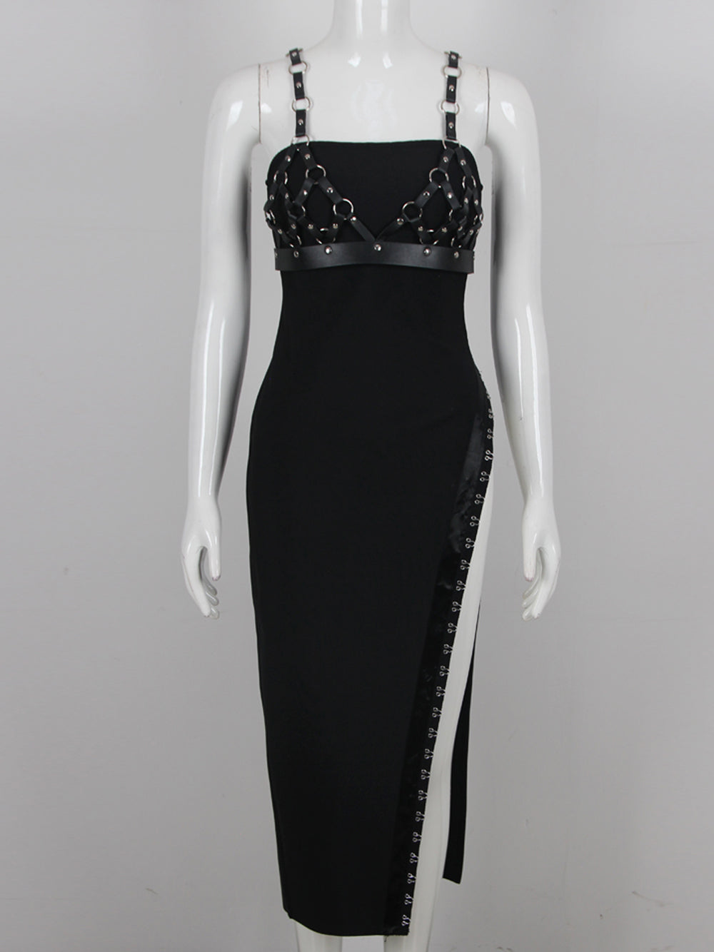 Black Strappy Harness Caged Studded High Slit Bodycon Maxi Dress 19
