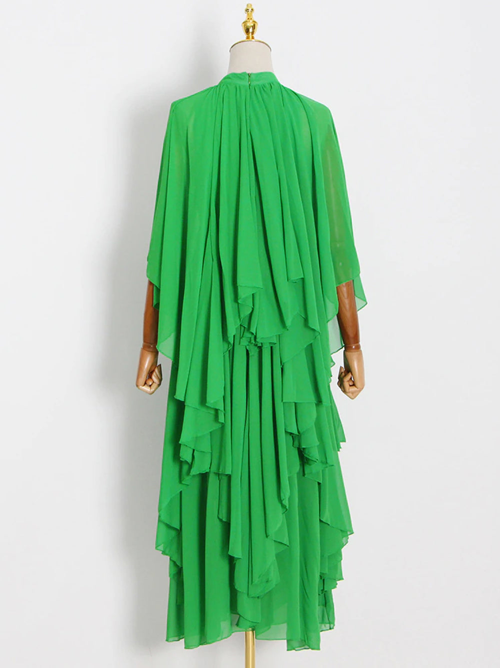 Green Mock Neck Cape Sleeve Tiered Ruffle Chiffon Maxi Dress