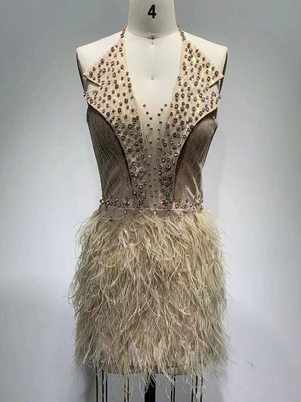 Beige Halter Neck Rhinestone Feather Skirt Bodycon Mini Dress