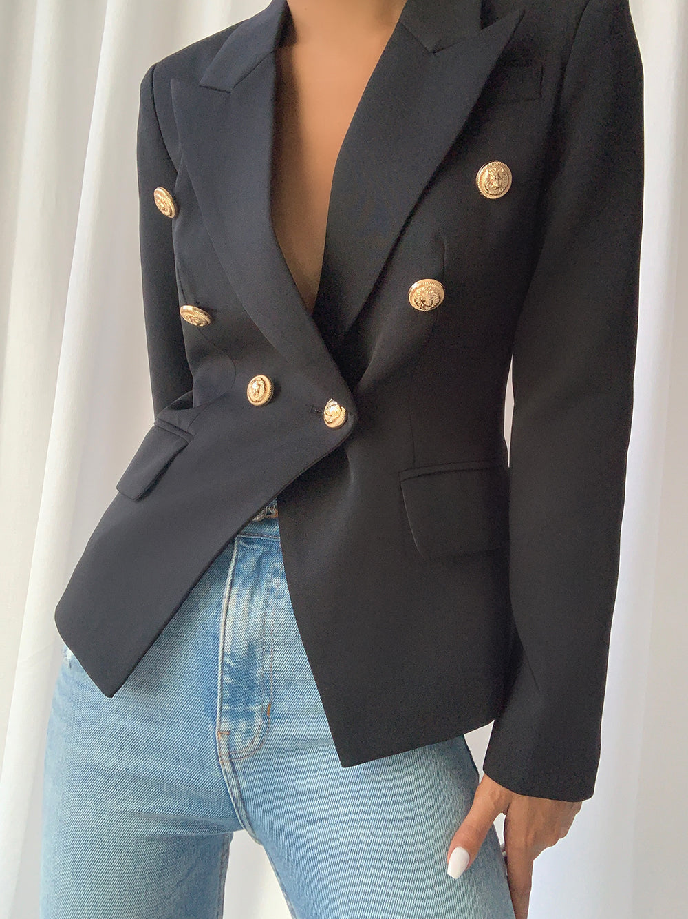 Black Peak Lapel Gold Button Double-Breasted Fitted Blazer 3