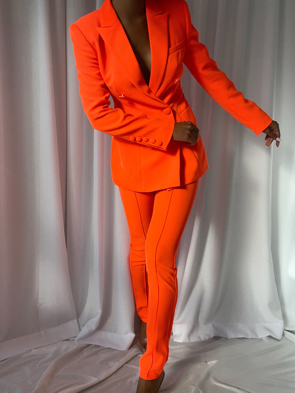 Orange Peak Lapel Double-Breasted Blazer Skinny Pants Set