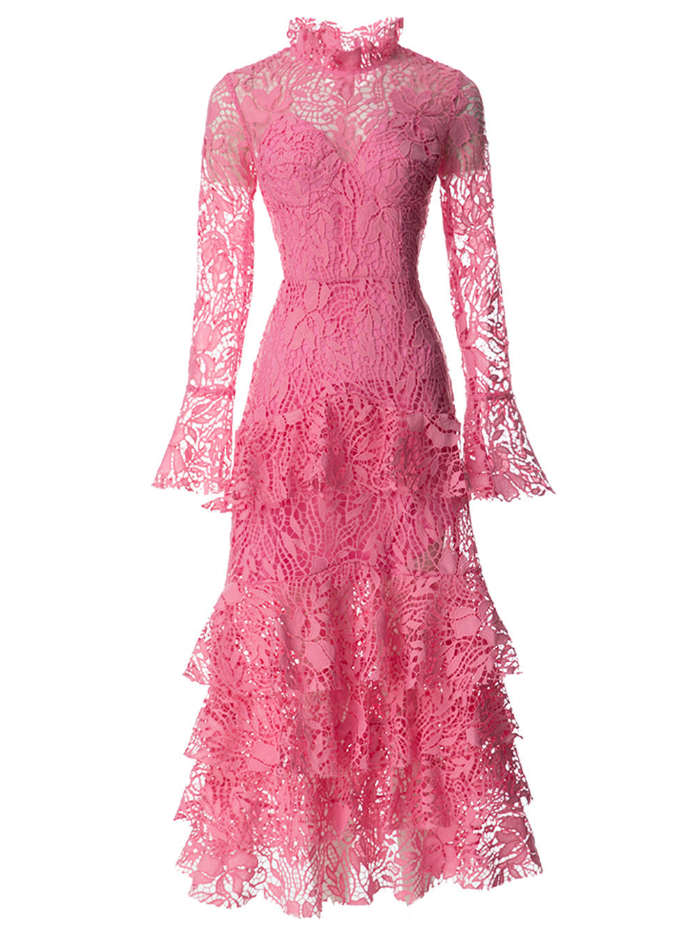 Pink Ruffle High Neck Bell Sleeve Crochet Lace Tiered Mermaid Maxi Dress