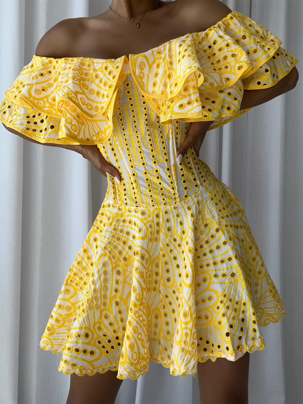 Off-Shoulder Ruffle Eyelet Embroidered Scallop Hem Flared Mini Dress 7
