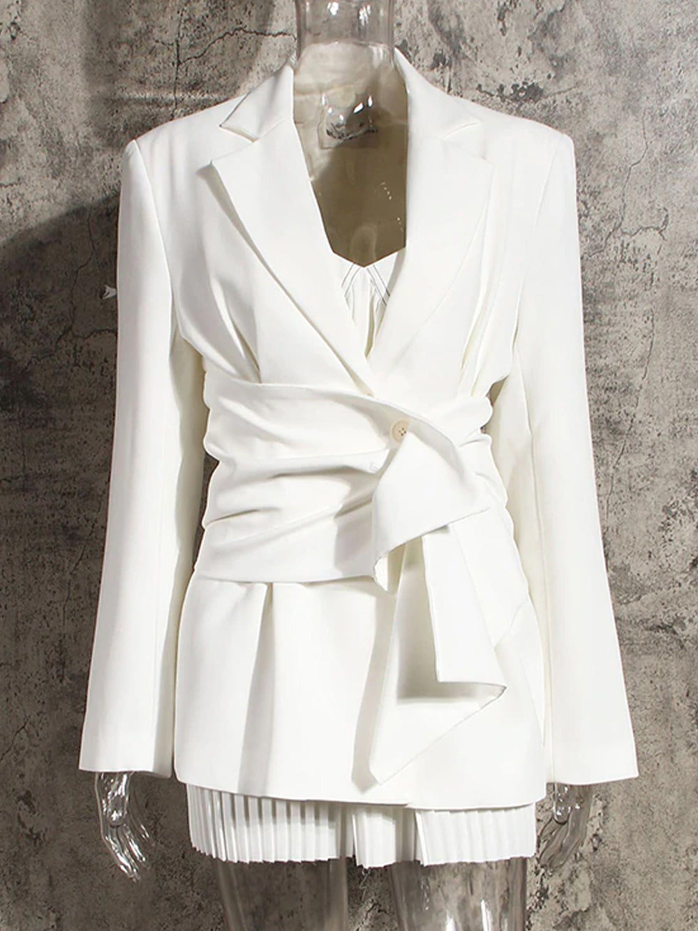 White Notch Lapel Ruched Corset Belt Long Sleeve Blazer 9