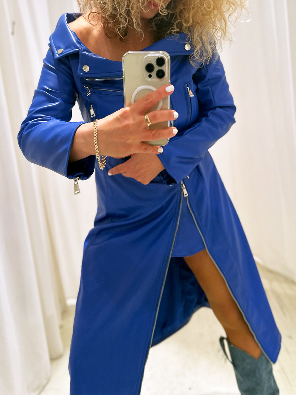Royal Blue Off-Shoulder Long Sleeve Zip Front Belted Leather Maxi Dress 10