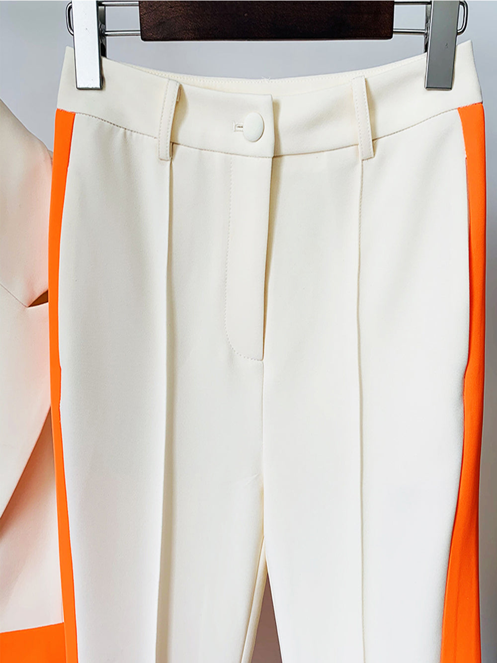 Orange Notch Lapel Color Block Blazer And Flare Pants Set 10