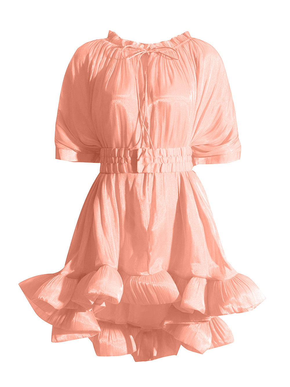 Tie Neck Ruffle Hem Batwing Sleeve Belted Flared Mini Dress
