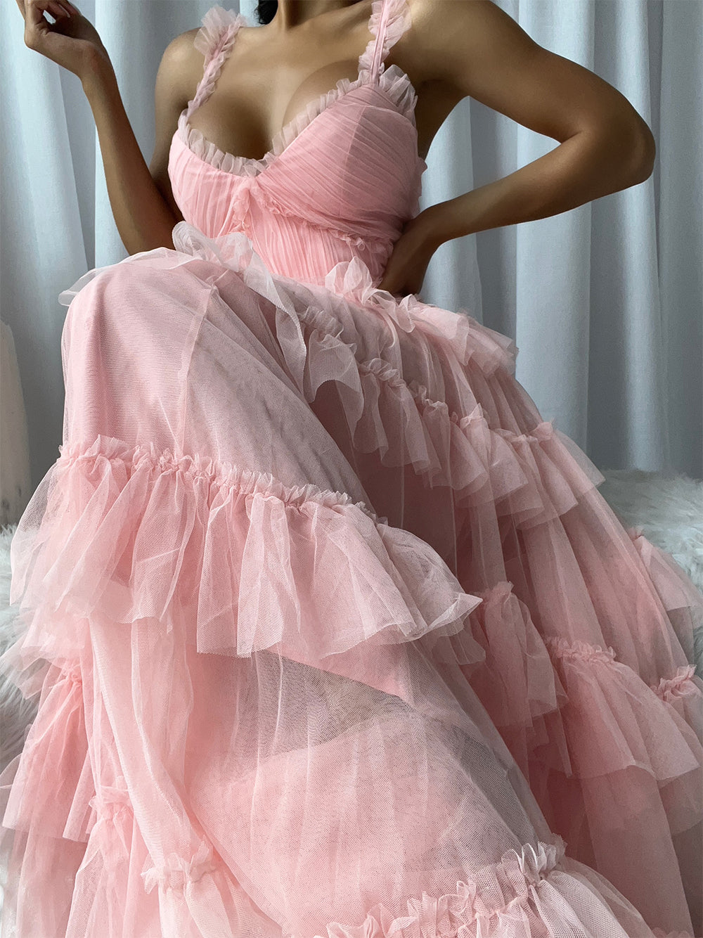 Pink Ruffle Strap Sweetheart Tiered Tulle Fit-and-Flare Maxi Dress 5