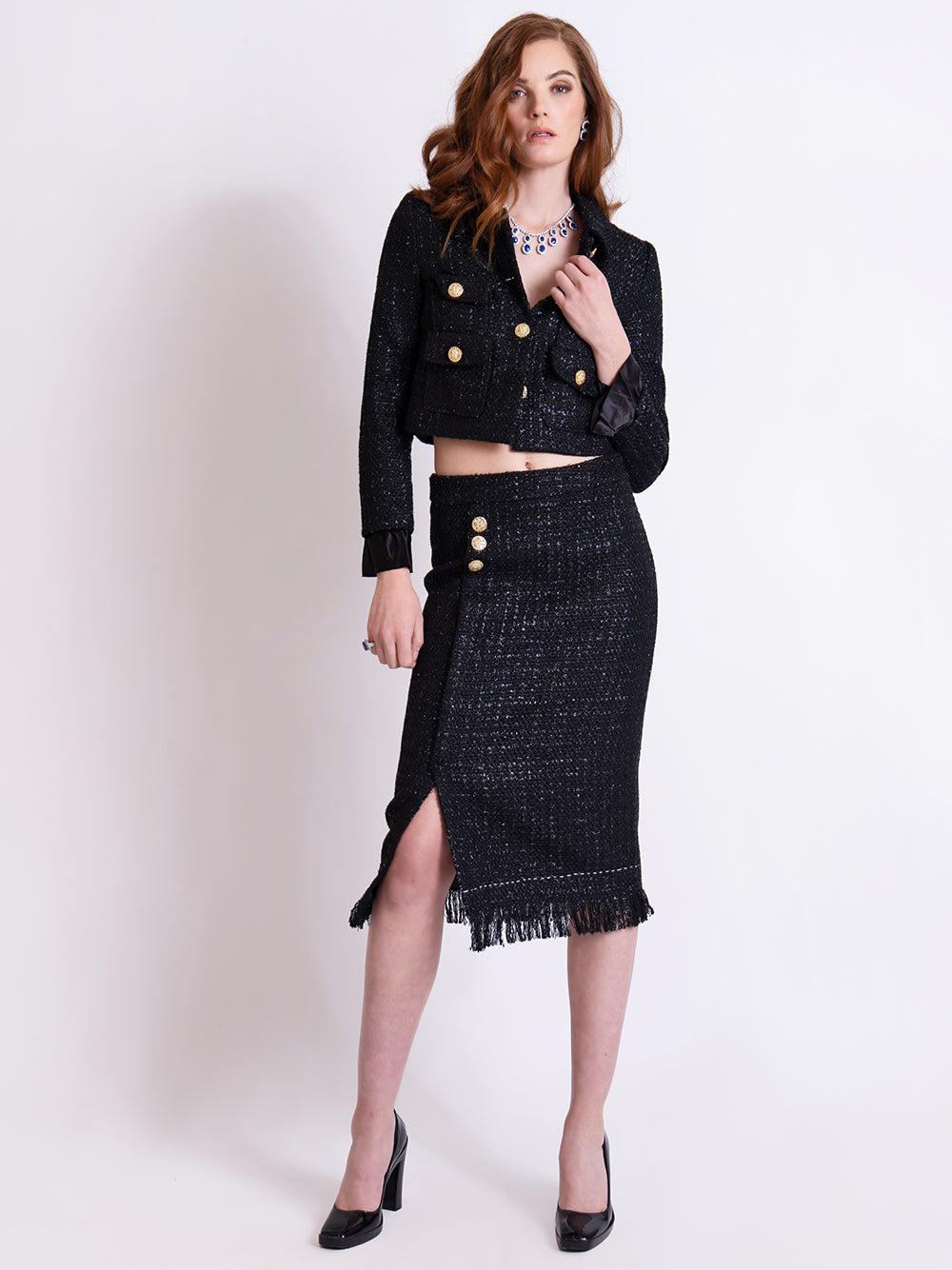 Black Bow Brooch Gold Button Tweed Jacket and Fringe Skirt Set 28