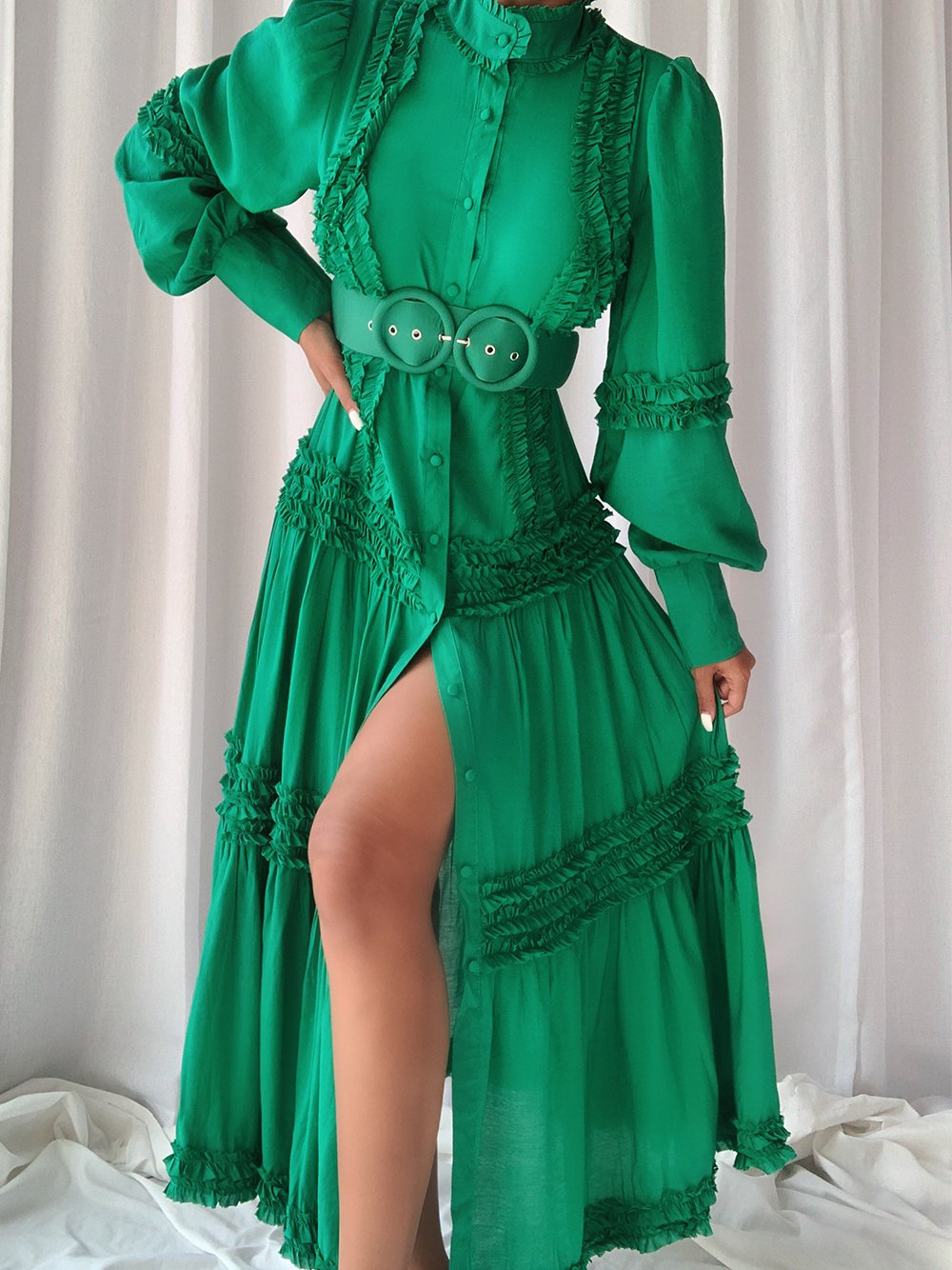 Green Mock Neck Button Front Ruffle Trim Belted Tiered Maxi Dress
