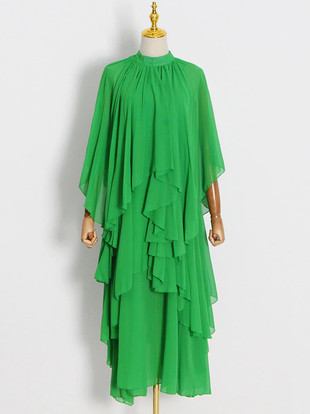 Green Mock Neck Cape Sleeve Tiered Ruffle Chiffon Maxi Dress