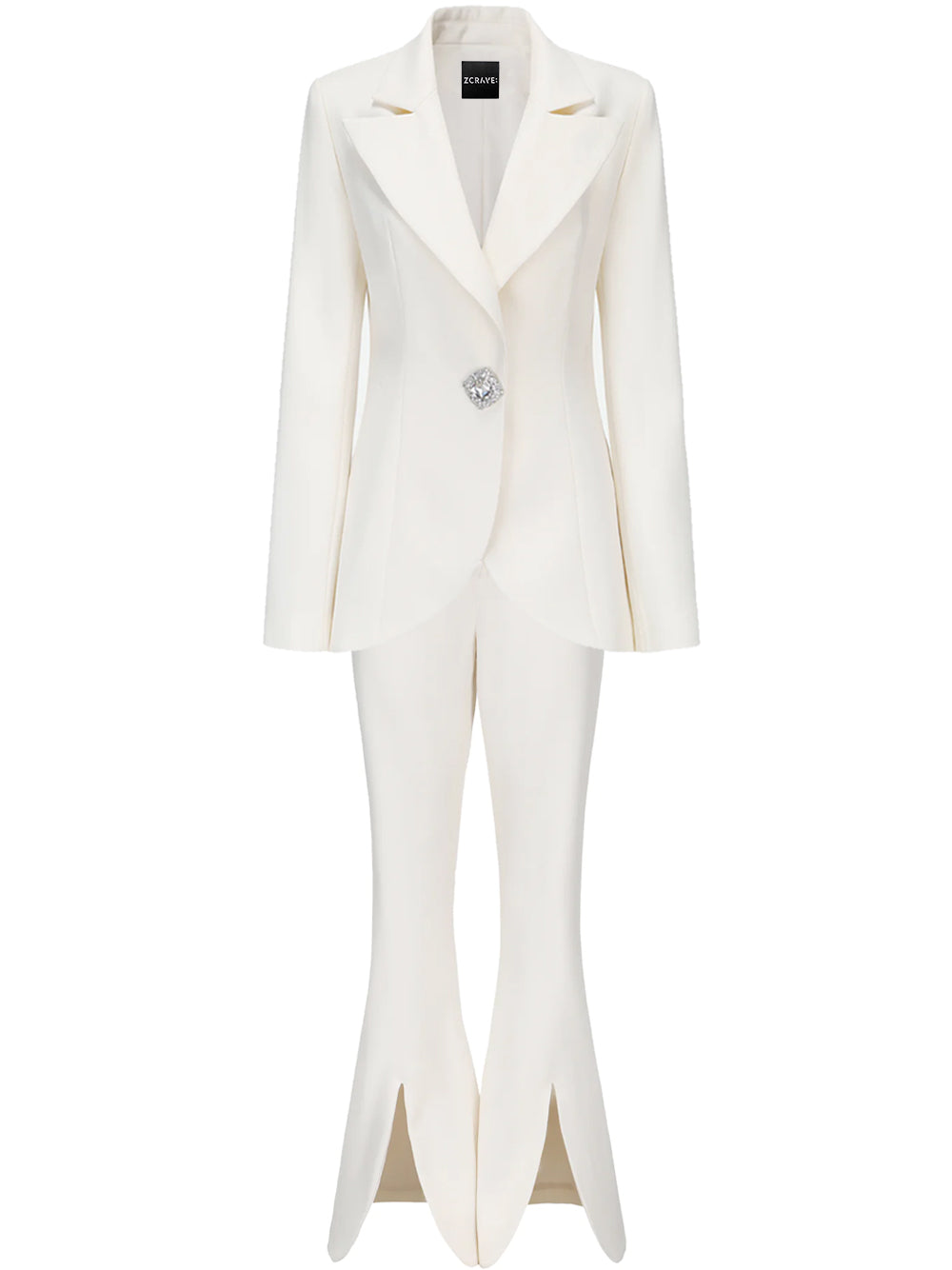 Beige Peak Lapel Crystal Button Blazer And Pants Set 7