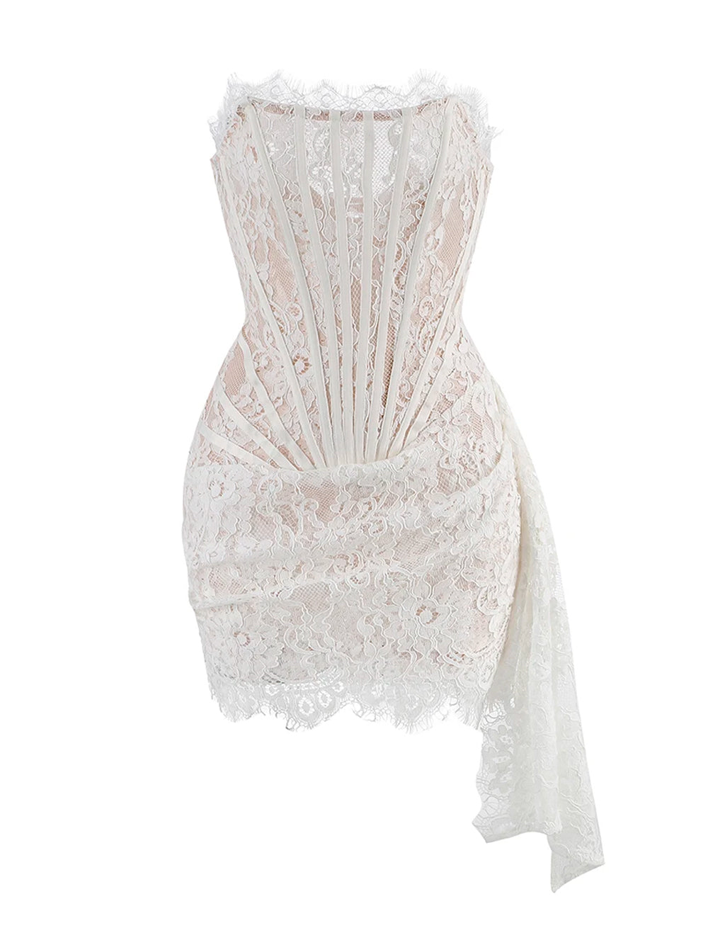 White Strapless Eyelash Lace Corset Ruched Bodycon Mini Dress 5