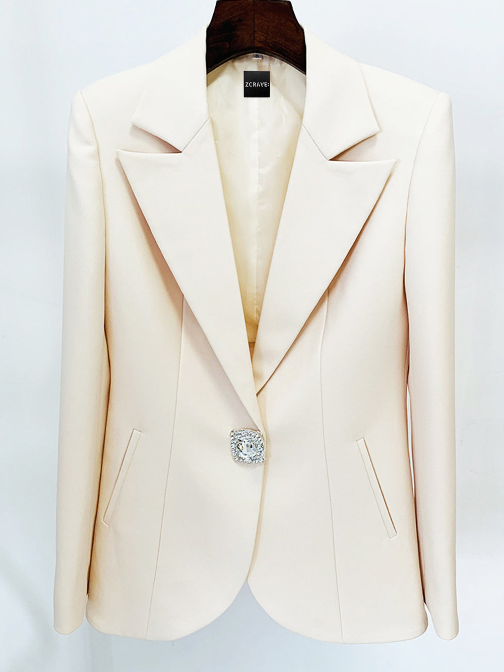 Beige Peak Lapel Crystal Button Blazer And Pants Set 9
