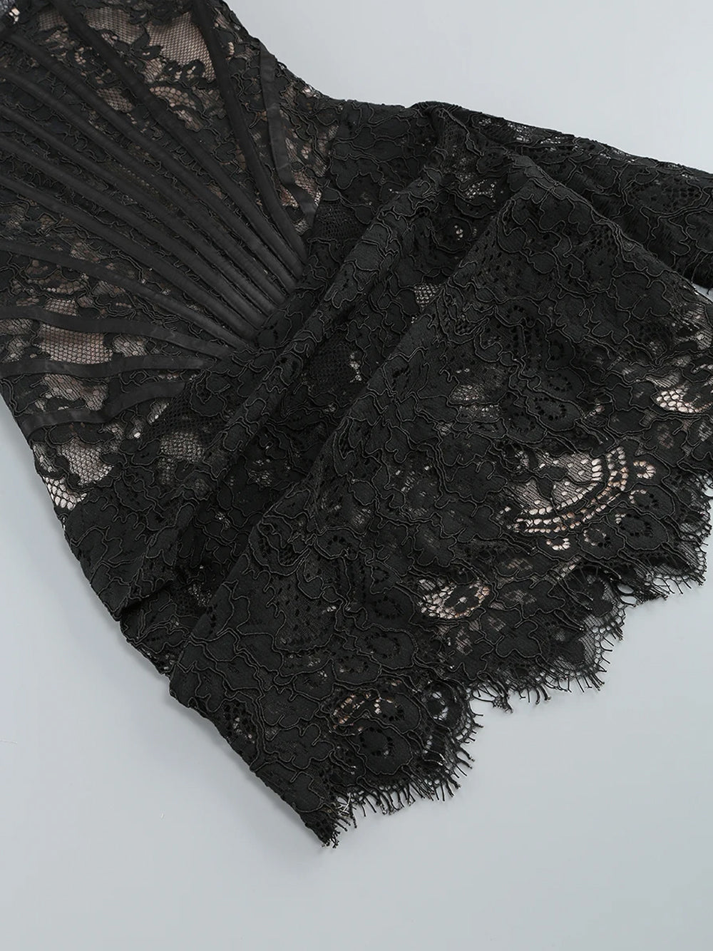 Black Strapless Eyelash Lace Corset Ruched Bodycon Mini Dress 19