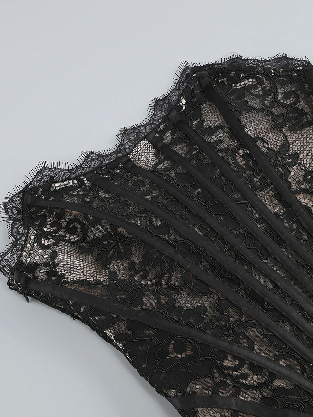 Black Strapless Eyelash Lace Corset Ruched Bodycon Mini Dress 18