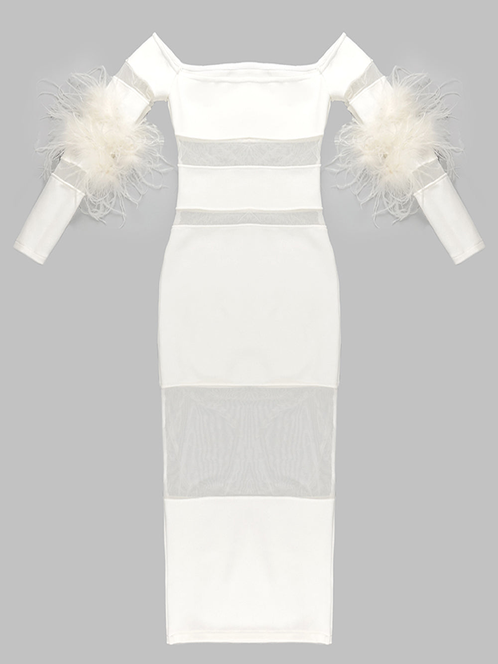 White Off-Shoulder Feather Cuff Long Sleeve Sheer Mesh Bodycon Midi Dress 7