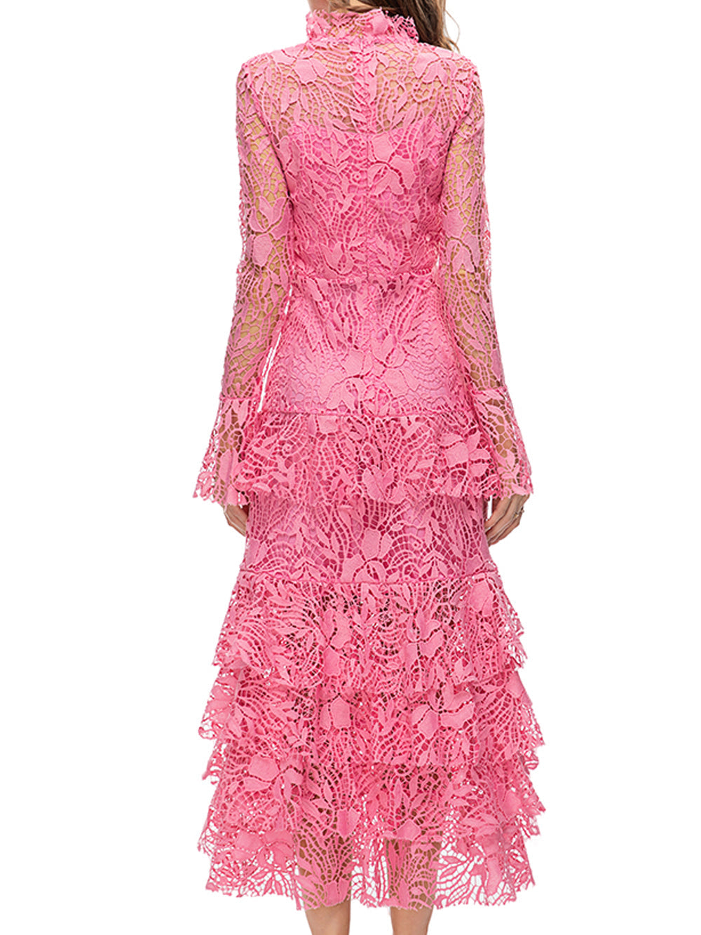 Pink Ruffle High Neck Bell Sleeve Crochet Lace Tiered Mermaid Maxi Dress 6