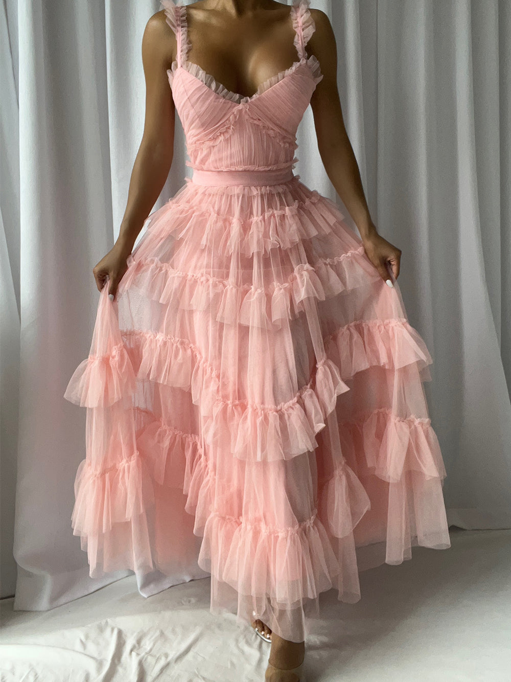 Pink Ruffle Strap Sweetheart Tiered Tulle Fit-and-Flare Maxi Dress